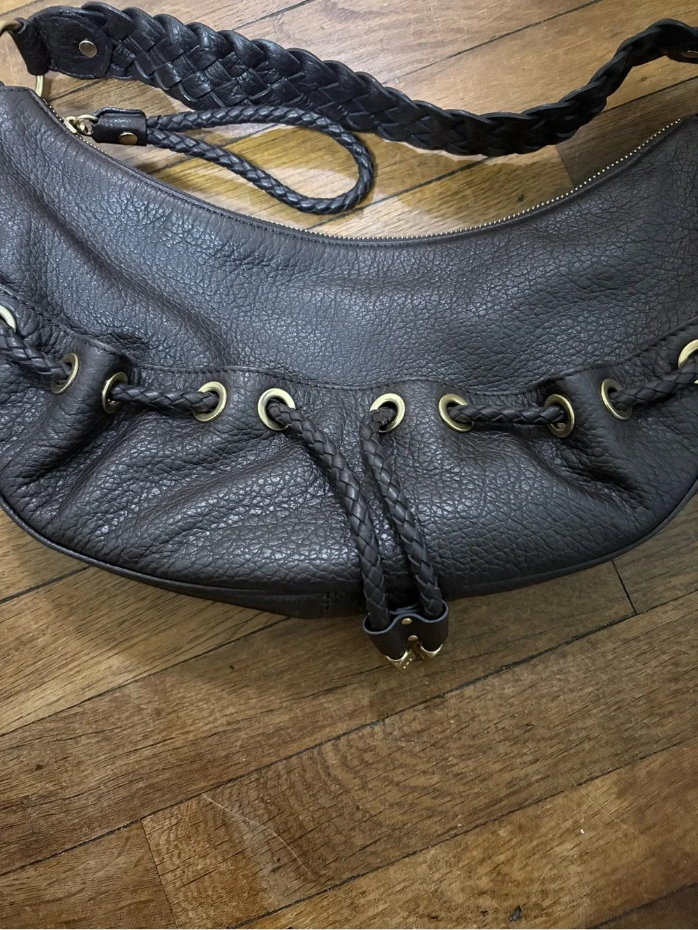 Michael Kors Vintage Braided Handle Pebble Leather Hobo - Dark Brown